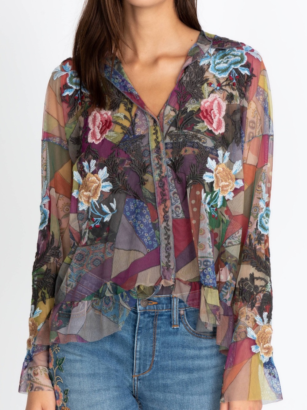 Johnny Was Multicolor Sheer Embroidered Patchwork Floral Blouse (NWOT)